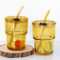 SciFiVisi 2 Pezzi 400ml Bicchieri da Acqua con Coperchio e Cannuccia, Coppe in Vetro Design Ermetico e Impermeabile, Bicchieri da Tè per Succhi, Smoothie, Caffè Freddo (Ambra)