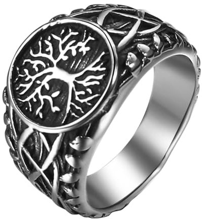 JewelryWe Lebensbaum Ring Herren Siegelring: Wikinger Edelstahl Herren-Ring Baum des Lebens Keltische Knoten Runde Siegelringe Vintage Fingerring Bandring Band Nordische Schmuck für Männer Größe 62