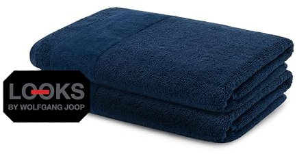 LOOKS BY WOLFGANG JOOP 2X Handtuch 50x100 cm – 100% Baumwolle Doppelpack Luxus Handtücher mit Aufhänger & Logostick, 2er Set Handtücher blau