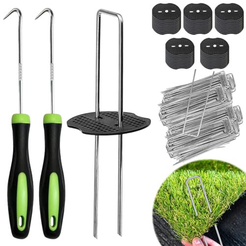 KIMIGO Picchetti Giardino,Picchetti Telo Pacciamatura,Picchetti in Acciaio Zincato,50 Pezzi + 50 Rondelle,Viene fornito con 2 ganci di raccolta,per Telo di Pacciamatura,Erba Artificiale,Camping
