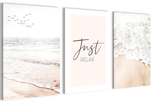 Novart Bilder Set Strand Meer Boho - Kein Extra Rahmen benötigt - Wandbilder für Wohnzimmer Schlafzimmer Flur - 3 Teilig Deko Beige - N038136a