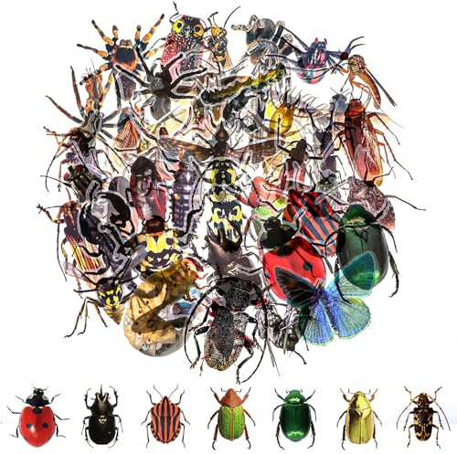 AOZUO 50 Stück Spinne Marienkäfer Deko, Furzkanone Marienkäfer Spiel Insektenaufkleber Realistische Transparente Käferaufkleber Wasserdichte Cartoon Libellenaufkleber Bunte Tier Mischaufkleber