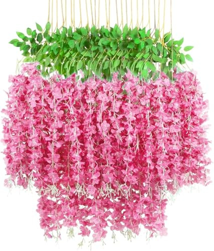 Ailovone Kunstblumen Künstliche Glyzinien Blumen 12 stück hängepflanze künstlich Kunstblumen für den Außenbereich kunstblumen Balkon für Party Home Dekoration Hochzeiten 110 cm (Fuchsia)