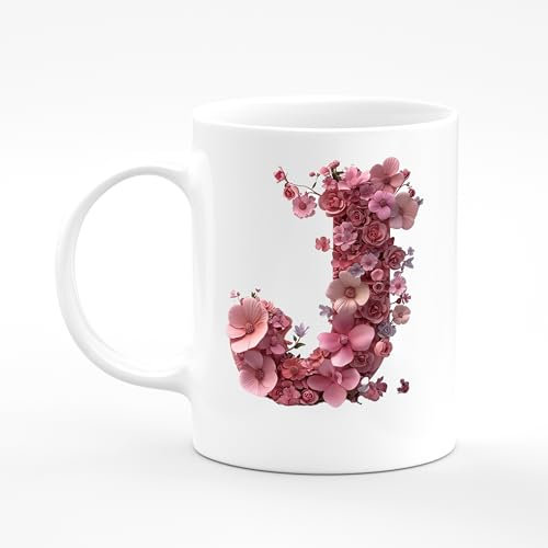 Amelia Gould Apparel Letter J Flower Design Mug Gift 11oz Ceramic Coffee Tea Cup