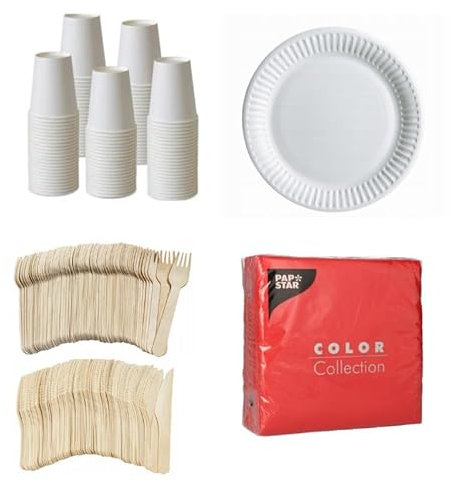 Set de vaisselle jetable blanc - 50 assiettes en carton, gobelets en carton, couverts en bois et serviettes 32x32cm (Rouge)