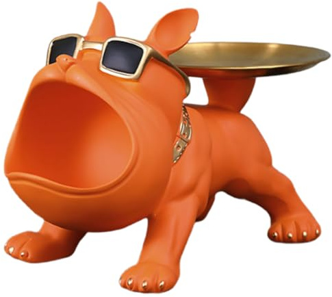 Rersduyt Resin Bulldog Candy Dish Key Holder Bowl Tray Statue for Office Desk Home Decor Statues Figurines Orange