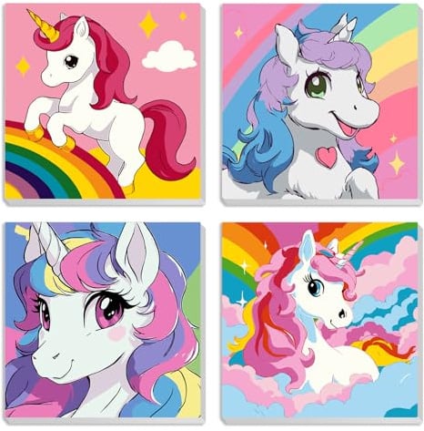 MXJSUA Mignon Licorne Lot De 4 Kits De Peinture Par Numéros Pour Enfants Avec Cadre Pour Âges 6-12, Peintures À L’Huile Acryliques Pour Décoration Maison 20x20cm