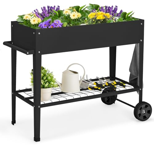 COSTWAY Fioriera Rialzata da Esterno, Fioriera in Metallo con Ripiano Ruote Ganci e Impugnatura, Aiuola Rialzata da Giardino, Balcone e Terrazza per Ortaggi, Fiori e Piante Aromatiche (Nero)