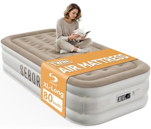 Sebor Air Mattress with Built-in Pump, Comfortable Self-Inflating Air Mattress with High-Speed Pump, Durable Blow Up Mattress with Storage Bag for Guests, Camping, Travel (Khaki White, 18 Twin XL)