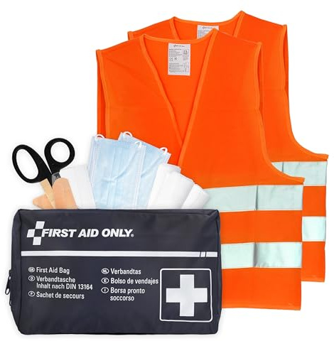 First Aid Only Kfz Verbandtasche DIN 13164 | 2 x Warnweste Orange, Sicherheitsweste EN ISO 20471:2013 | Auto Pannenset