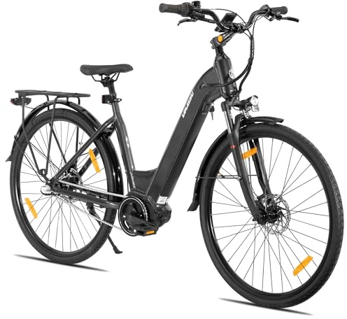 HILAND Overstreet Damen E-Bike 28 Zoll, Elektrofahrrad mit 250W Motor & 10,4Ah Akku, Aluminiumrahmen, Hydraulische Scheibenbremsen, 3-Gang Nabenschaltung, City Trekking E-Bike, Grau