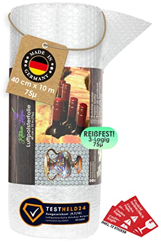 Kitchen Helpis® STRAPAZIERFÄHIGE (75µ/3lagig) Luftpolsterfolie 10mx40cm, Verpackungsfolie, unsere Luftpolster Folie schützt besonders zerbrechliche Dinge, perfekt für Flaschen/teure Dinge geeignet