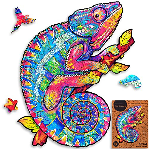 UNIDRAGON Original Holzpuzzle — Schillerndes Chamäleon, 202 Teile, Mittel 10.2 x 13 Zoll (26 x 33 cm) Schöne Geschenkverpackung, Einzigartige Form Erwachsene und