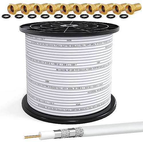 HB-DIGITAL 250m SAT Koaxial Kabel 135dB 8K 4K UHD 4-Fach geschirmt für DVB-S / S2 DVB-C / C2 DVB-T / T2 DAB+ Radio + inkl. 10x vergoldete F-Stecker BK Anlagen - Stahl/Kupfer Innenleiter - Weiss