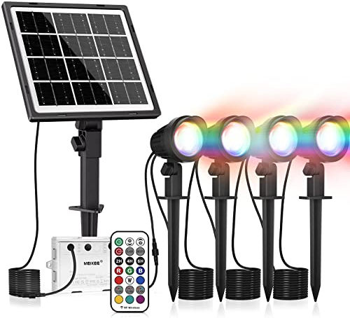 MEIKEE Solar Strahler RGB+Weiß Gartenbeleuchtung Solar 10 Farben 30 Zyklusmodi 2 Helligkeit Timer Solarleuchte Dusk to Dawn IP66 Wasserdicht Gartenleuchten für Außen Garten Baum Teich Rasen 4 Stück