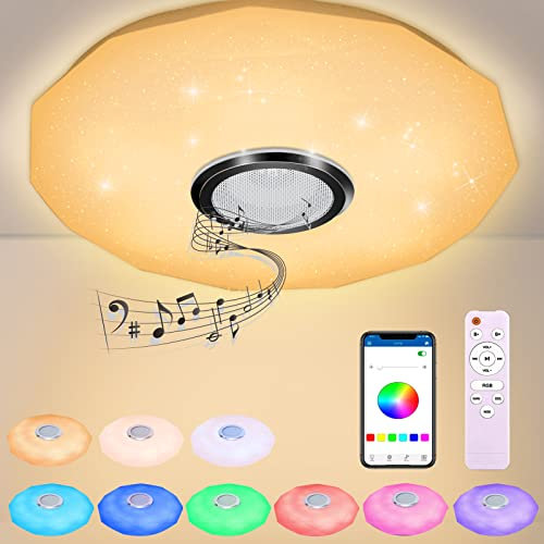 Lámpara de Techo Led con Altavoz Bluetooth, Ø28cm, 30W Cambio de Color RGB Regulable, con Controlado por Control Remoto y APP, con Función Timing y Memoria, para Cocina, Dormitorio, Sala de Estar