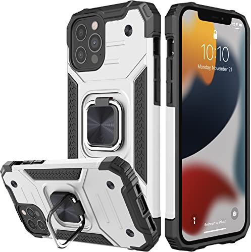 Honeyview ShockProof Case for iPhone 12/12 Pro with Ring Kickstand, Bumper Armour Phone Cover for Apple iPhone 12/12 Pro - Silver White