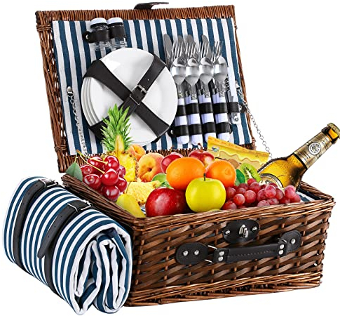HYBDAMAI Weiden-Picknickkorb-Set für 4 Personen mit wasserdichter Picknickdecke, großer Weiden-Picknickkorb für Camping, Outdoor, Valentinstag, Erntedankfest, Geburtstag (blau-weiß gestreift)