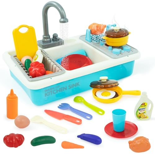 Juego de Juguetes de Cocina,Juego de Fregadero de Cocina con Sistema de Ciclo de Agua Corriente y Parrilla,Cocinas Infantiles con Soporte para Platos y Juguetes de Comida,para Niños de 3+ años.