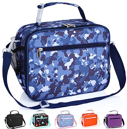 Homtibrm Insulated Lunch Bag, Kids Thermal Cool Bag with Adjustable Strap, Waterproof Lunch Box Bag for Adults Kids Boys Girls Work School Picnic (Camblue-Horizontal)