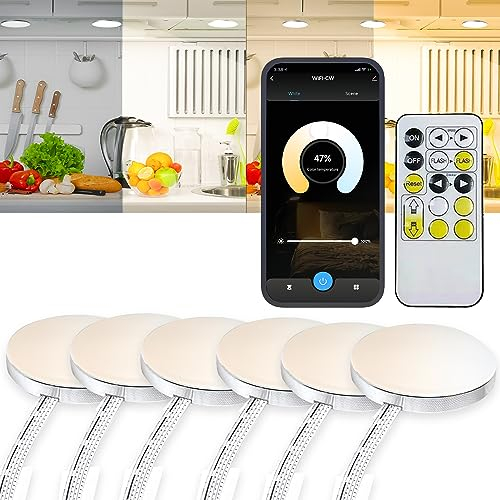 YSRSAI CCT dimmbare LED unter Kabinett Beleuchtung Counter Showcase Küchenbeleuchtung Leuchten arbeiten mit Alexa, Echo, Google Home, 2700K bis 6500K mit Fernbedienung (6Pcs CCT Leuchten Kit)
