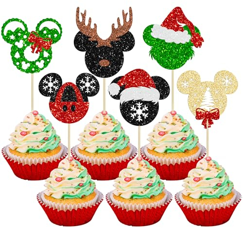 Gyufise 24Pcs Merry Christmas Cupcake Toppers Mouse Deer Christmas Hat Cupcake Picks Xmas Holiday New Year Kids Birthday Cake Decorations Party Supplies, (UKZN0527-38)