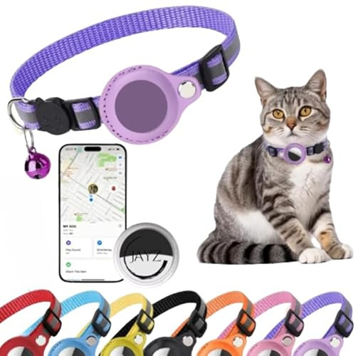 JAYZ® Katzenhalsband + Tracker/Locator/GPS Bluetooth ohne Abonnement für Apple iOS/Android/Halsband auch kompatibel mit Apple Airtag, Anti-Würgehalsband für Kätzchen, Katzen