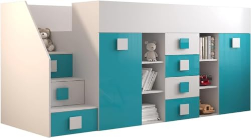 MEBLE KRYSPOL Toledo 3 Hochbett für Kinder, Jugendliche mit Stauraum - Etagenbett mit Schreibtisch, Kleiderschrank, Regal, Schubladen, Treppe - 248,5x93x123 cm - Weiß, Türkis, Weiß + Türkis