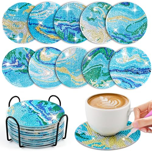 WuGU 10 Pièces Peinture Diamant Dessous de Verre, 10 cm Dessous de Verre en Liège Rond, sous-Verres Art de Diamant avec Support, Tapis de Tasse en Bois pour Tasses, Vases, Cadeau