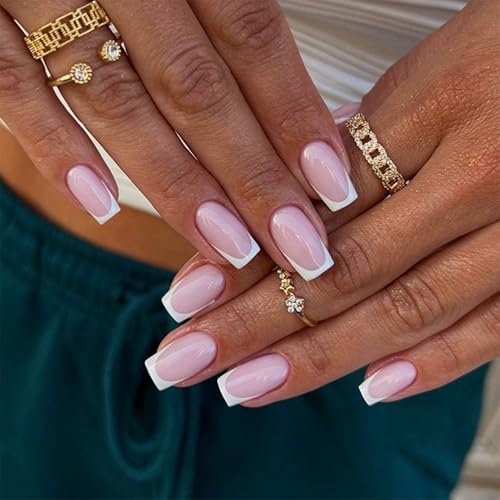 24 Stück Französischer Nägel Zum Aufkleben, Rosa mit Weißer Spitze Künstliche Nägel mit Gelee-Kleber, Glossy Acrylnägel Selbstklebende Press On Nails für Frauen und Mädchen (White Rosa, 24x)