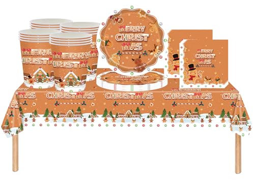 53 piezas de decoración de vajilla de Navidad de hombre de jengibre, mantel de plástico de Feliz Navidad, vasos de papel, servilletas, platos, cubierta de mesa de pan de jengibre, vajilla para