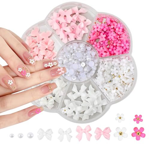 Flower Bow Manicure Kit Pink White 3D Flower Bow Half Pearls Nail Gems 3D Acrylic Flowers Bows Nail Charms for Women Girls