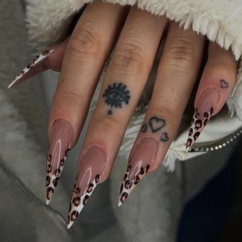 Press On Nails - 24Pcs Long Oval False Nails Leopard Charms Design - Cheetah & French Lace Adhesive Fingernails - Removable Glue-on Nails Fake Acrylic Full Cover Nail Women Girls