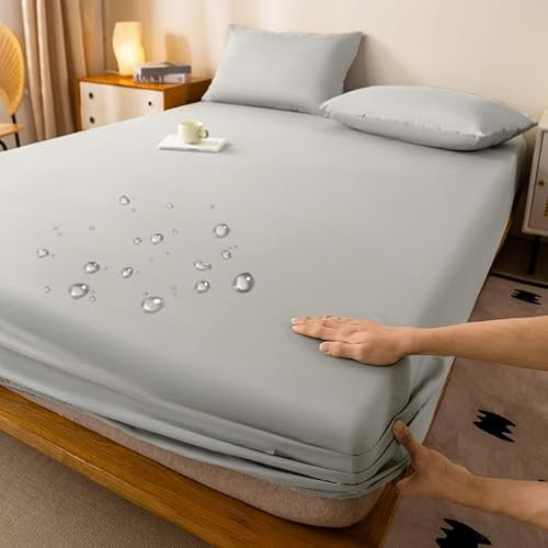 Cache-sommier imperméable pour lit simple de 1,8 m – Couleur unie, plusieurs tailles (90 x 200 cm à 200 x 220 cm), mélange de polyester-coton, moderne minimaliste (gris clair, chapeau de lit simple