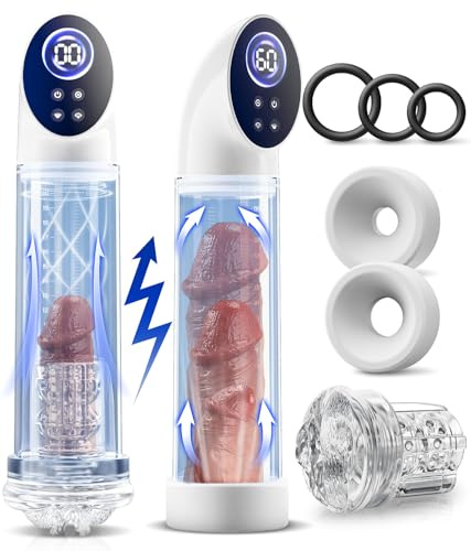 Elektrische Penispumpe zur Penisvergrößerung mit 6 Saugstufen für Männer | 3 in 1 Sexspielzeug für Männer, Vakuumpumpe mit LCD-Druckanzeige, TPE-Masturbator, 2 Dichtungsringen und 3 Penisringen