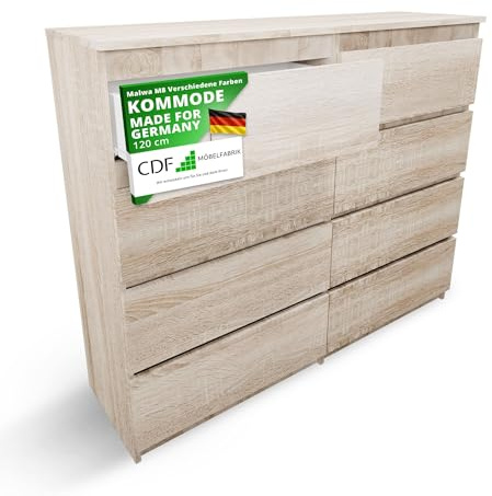 CDF Kommode Eiche Sonoma mit 8 Schubladen 40 cm Tief Komodenschrank Komode für Wohnzimmer Schlafzimmer Schubladenschrank Malm Kommode viel Stauraum Geeignet Organizer Kleidung 120cm Breite Modern Look