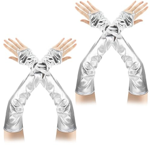 Solivive 2 Paar Silberfarbene Fingerlose Handschuhe,48cm×12cm Handschuhe Damen aus Lackleder mit Hakenverschluss, Accessoires für Alien Kostüm Damen,Damenpartys,Halloween,Cosplay,Feiertagsaccessoires