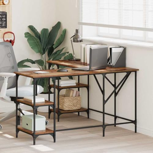 Bucmath Schreibtisch Altholz L-Form 139x139x75 cm, Holzwerkstoff, mit 4 Regalen, Industrieller Stil, Eckschreibtisch für Home-Office, Computer-Setup, Studierzimmer, robust & pflegeleicht