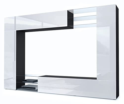 Vladon Wohnwand Mirage, Made in Germany, Anbauwand mit Rückwand mit 2 Türen, 2 Klappen und 6 offenen Glasablagen, Schwarz matt/Weiß Hochglanz (262 x 183 x 39 cm)