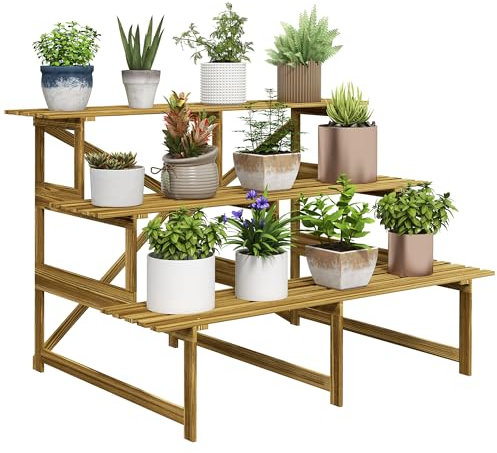 Outsunny 3-Etagen Pflanzenständer, klappbarer 78 cm hoch Blumenständer für Innen Außen, Pflanzenregal aus Holz, Blumenhocker mit Tabletts, Blumentreppe für Wohnzimmer, Garten Balkon, Naturholz