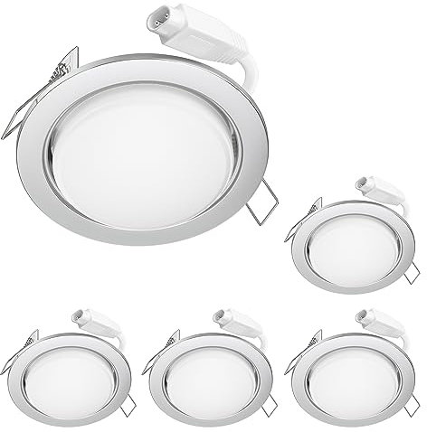 ledscom.de LED Decken-Einbaustrahler RUBA chrom matt GX531W je 509lm warmweiß rund flach 107mm Ø Lochkreis ca. 83-100mm Ø 5er Set