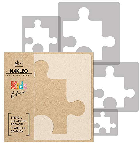 NAKLEO Schablonen Malen für Kinderzimmer, 5 Stück Set 9x9 bis 34x34cm Puzzle Element Stichsäge, Wiederverwendbare Kunststoff Malvorlage Raumdekoration, Basteln DIY Wand Möbel Papier Stoff