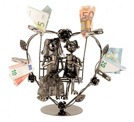VORAGA Metallfigur Hochzeit Paar Schaukel Geldgeschenk Hochzeitspaar Metallfigur mit Metallklammern fr Geldgeschenke 23 cm x 24 cm Herzform Schaukelkissen Deko Hochzeitskissen