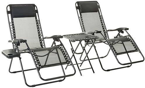 Amazon Basics Zero Gravity Chair with Side Table for Relaxing with Cup Holders, Reclining,Foldable, Alloy Steel, Set of 2, Black