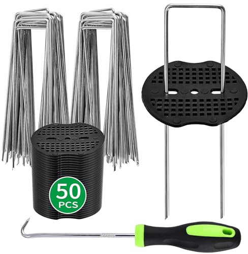 Peoueu 50 Erdanker+50 Pufferscheibe,Anti-ROST Bodenanker,U-Förmige Erdnägel,Verzinktem Heringe Erdnägel Stabil,Gartenpflöcke,Ø2.8 mm,für Unkrautbarriere Sodagewebe Dekorationen
