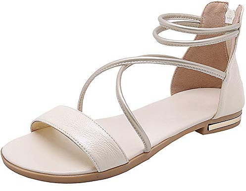 amropi Femme Été Bout Ouvert Croisé Bride Cheville Plates Sandales (Beige,43 EU)