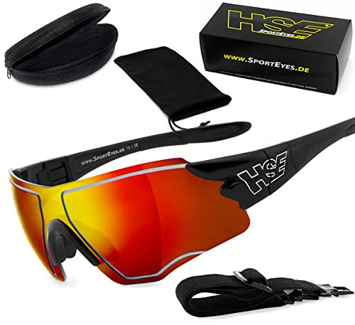 HSE SportEyes® | HLT® Kunststoff-Sicherheitsglas nach DIN EN 166 | Sportbrille, Radbrille, Sonnenbrille | Brillengestell: schwarz, Brille: SPEEDWULF (rot verspiegelt)