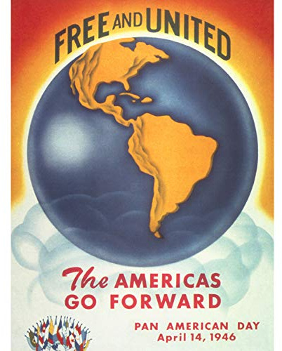 Pan-American Union Day 1946 Kontinente Werbung, großes Wandbild, Kunstdruck, dickes Papier, 45,7 x 61 cm