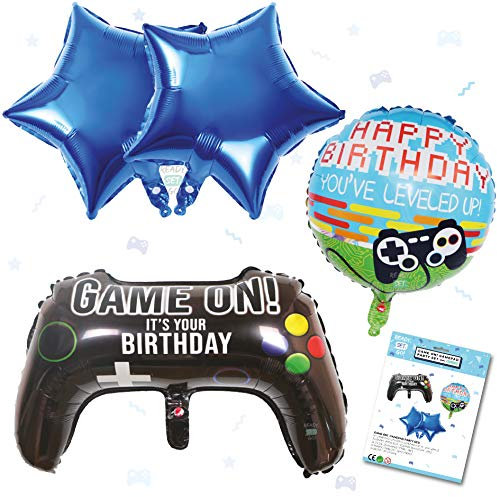 READYSETGO! Game On! It’s Your Birthday Gamer Controller Helium Foil Balloon, Happy Birthday Video Gaming Theme Party Set Decorations, Party Supplies, Blue Star Balloons and Ribbons included