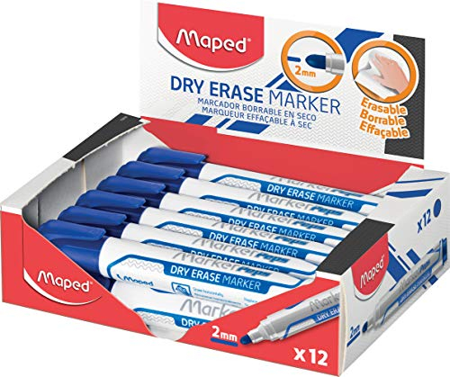 Maped – trocken abwischbare Marker, Blau, 2 mm breite Rundspitze, – für Whiteboards und nicht-poröse Oberflächen, 12 Stück